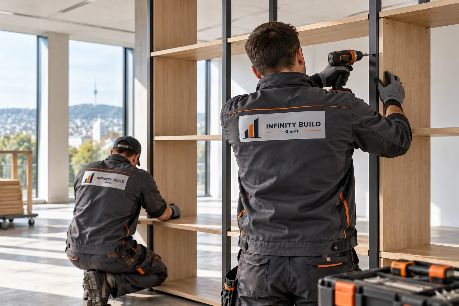 KI-Visualisierung: Zwei Mitarbeiter montieren ein Regalsystem