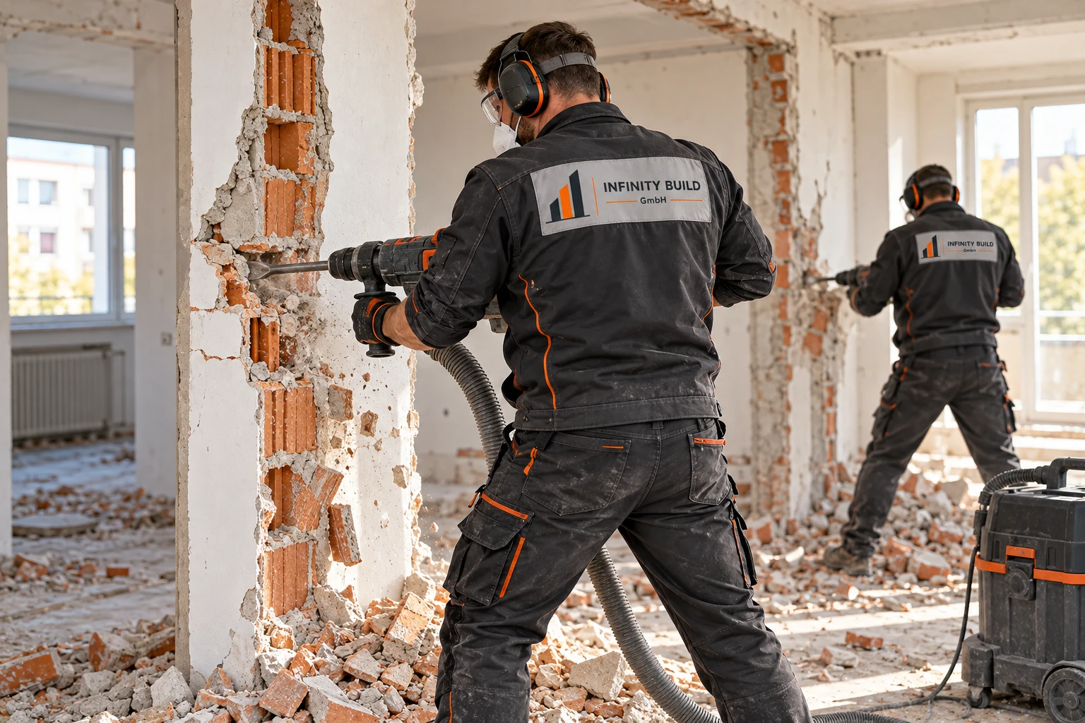 KI-Visualisierung: Mitarbeiter mit Abbruchhämmern beim Rückbau einer Innenwand