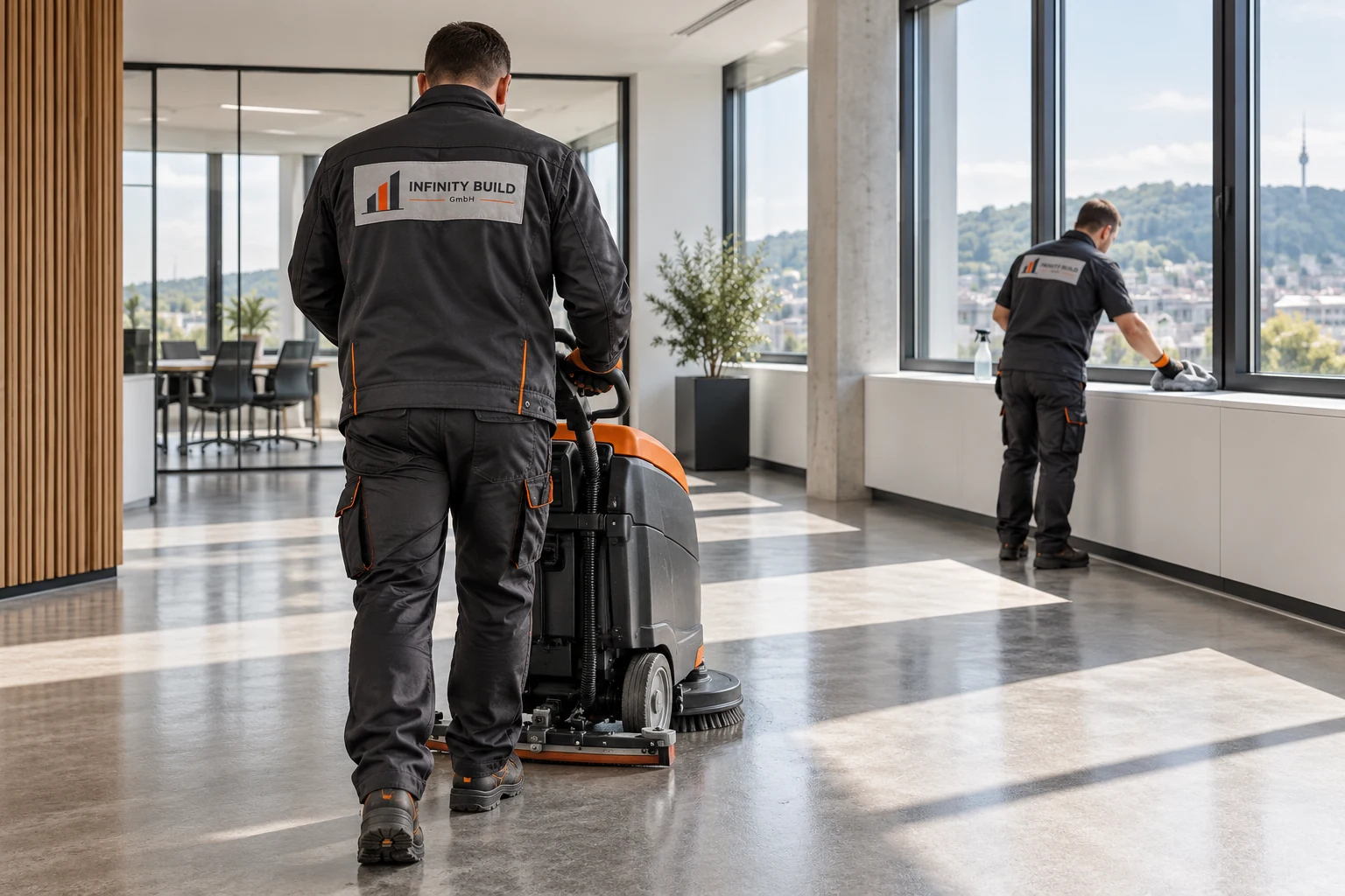 KI-Visualisierung: Mitarbeiter reinigen ein Büro nach Abschluss der Ausbauarbeiten